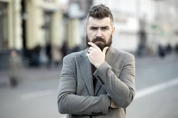 Bearded and cool. Hipster appearance. Stylish beard and mustache fall and winter season. Beard fashion and barber concept. Man bearded hipster stylish fashionable coat. Barber tips maintain beard — Stock Photo, Image