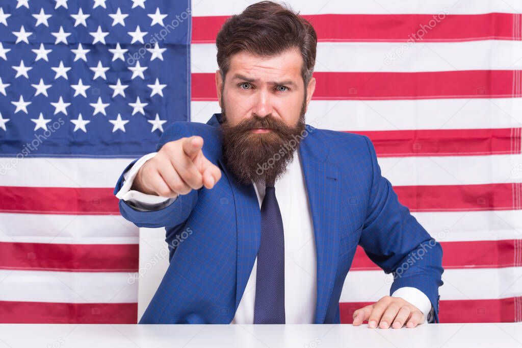 Did you apply for USA citizenship. Bearded man point finger. American citizen national flag background. Citizenship applicant. Citizenship day. Immigration and naturalization. Citizenship certificate