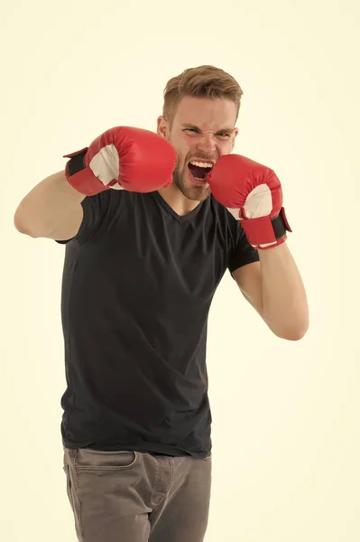 Brutal knockout in sport. full of energy. Sport success. boxer man workout, healthy fitness. male sportswear fashion. athletic guy in boxing gloves punching. training with coach. this is my fight — Stock Photo, Image