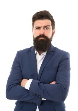 Uzun sakallı ve bıyıklı bir manken. İş adamları moda tarzında. Yüz kılları ve bakım. Yakışıklı sakallı iş adamı resmi takım elbise giyer. Erkek giyim ve moda konsepti. Ofis çalışanı