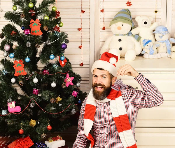 Guy in hat and scarf sits by Christmas tree — Stock Photo, Image