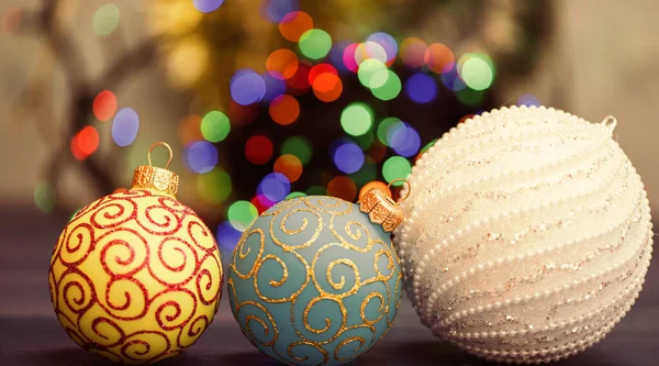 Christmas balls decoration on blue wooden surface. Winter holiday concept. Symbol of new year and christmas holidays. Decorate christmas tree with traditional toys. Various christmas decorations — Stock Photo, Image