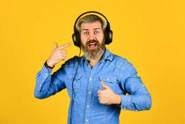 DJ hipster. Mükemmel müzik listesi. Hippi kulaklıkla harika bir ses şarkısının keyfini çıkarır. Ritim konsepti. Gürültü önleme fonksiyonu. Müzik çalıyor. Sakallı hippi kulaklıklar müzik dinliyor.