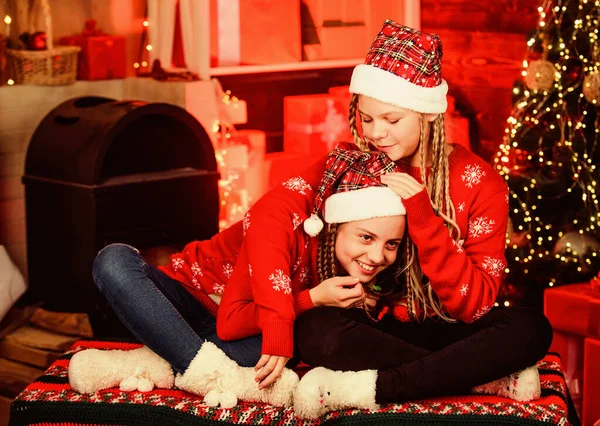 Girls friends soulmates celebrate christmas. Happy holidays. Fun and cheer. Best friends forever. Lovely kids. Children cheerful christmas eve. Happiness joy. Joyful christmas. Friendly relations