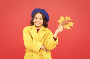 Herhangi bir havada iyi bir ruh hali. Okul zamanı. çocukluk mutluluğu. Sonbahar sezonu. Düşen yapraklar. Akçaağaç yaprağıyla mutlu küçük bir kız. Sonbahar çocuk modası. Fransız bereli ve sarı ceketli Parisli bir kız çocuğu.