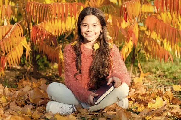 Reading helps seed of knowledge grow. Cute little child learning to read on autumn landscape. Read a book. Reading list for autumn. Let your imagination explore, read more