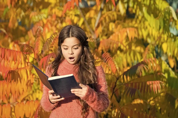 Kid study with book. Autumn literature concept. Keep studying. Small girl read book on autumn day. Small child enjoy reading autumn foliage background. Little child enjoy learning in autumn park