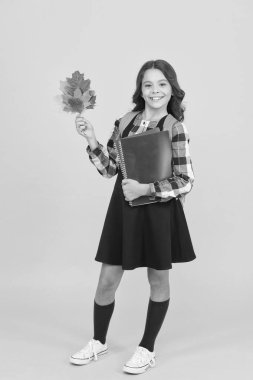 Yabancı edebiyat öğreniyorum. Küçük çocuk edebiyat kitapları ve sonbahar yaprakları tutuyor. Küçük kız İngiliz edebiyatı dersine gidiyor. Çocuk edebiyatı. Okul dersi. Okuma yoluyla eğitim