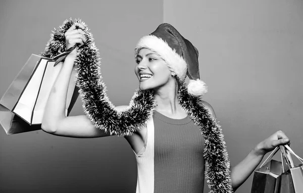 Winter holidays sales. santa woman with tinsel. merry christmas shopping sales. preparation for winter holidays. time for presents. cyber monday. happy new year party. happy woman celebrate xmas — Stock Photo, Image