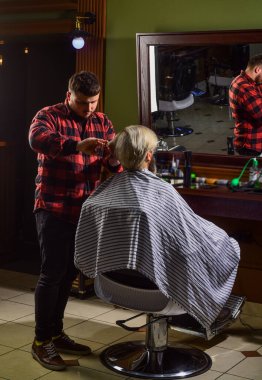 Scissors cutting. Man with dyed hair. Barber hairstyle barbershop. Hipster getting haircut. Barber cosmetics. Fresh haircut. Hairdresser tools. Most stylists would not give opinion unless you ask clipart