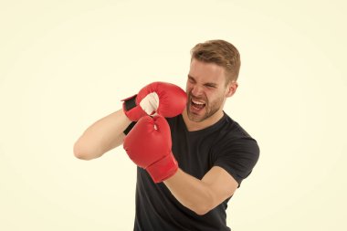 Savunma becerisi. Boksör yakışıklı, sıkı koç. Eldivenli sporcu boksörü. Boks konsepti. Sporcu boksör, spor eldivenli, konsantre bir yüz. Boksör dövüş becerileri izole edilmiş beyaz