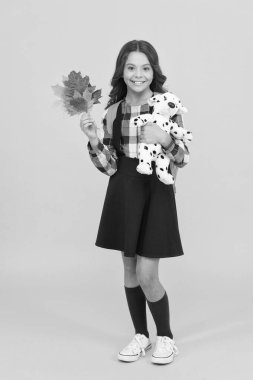 Çocukluk öğrenmeyle doludur. Küçük mutlu liseli kız çocukluk oyuncakları ve sonbahar yaprakları tutuyor. Küçük çocuk sarı arka plana geri döndü. Çocukların oynadığı çocukluk oyunları. Çocukluk eğlencesi ve öğrenme