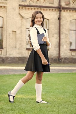 Gerekli bilgiye sahip olmak. Her öğrenci önemlidir, her an önemlidir. Okul eğitimi konsepti. Bilgi toplama günü. Talep edilen bilgi. Gülümseyen şirin çocuk kitabı. Sevimli küçük kız okul öğrencisi.