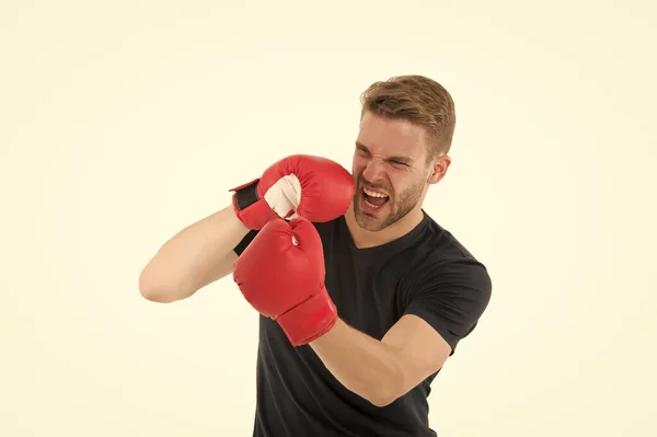Defence skill. Boxer handsome strict coach. Sportsman boxer with gloves. Boxing concept. Man athlete boxer concentrated face with sport gloves. Boxer practice fighting skills isolated white — Stock Photo, Image