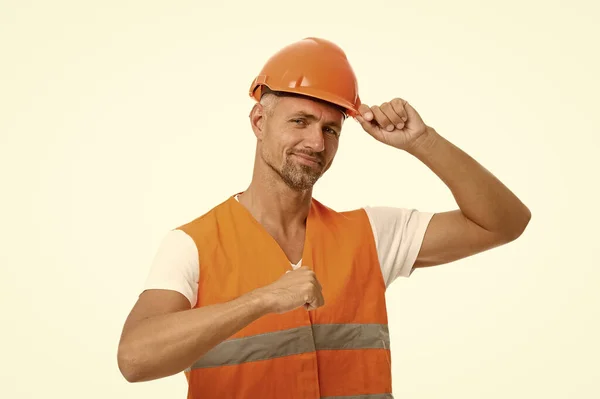 Architect control. Everything is under control. Safety concept. Man wear protective hard hat and uniform. Cheerful builder. Protective equipment concept. Handsome builder. Inspector control — Stock Photo, Image