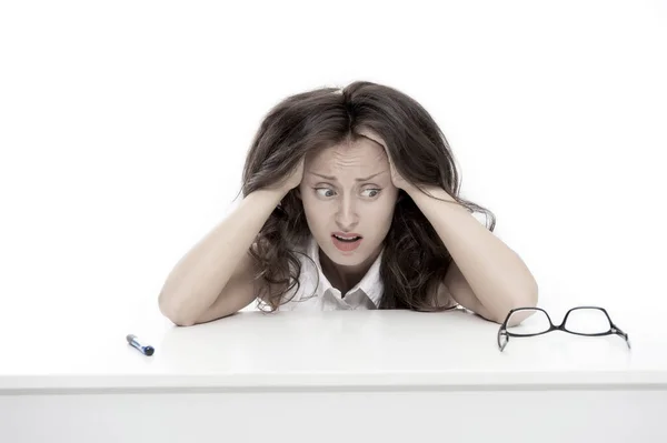 Shocked business woman. full of work. oh my god. stressed with hand on head. shocked with shame and surprise face. angry and frustrated lady. feeling fear and upset for mistake. back to school — Stock Photo, Image