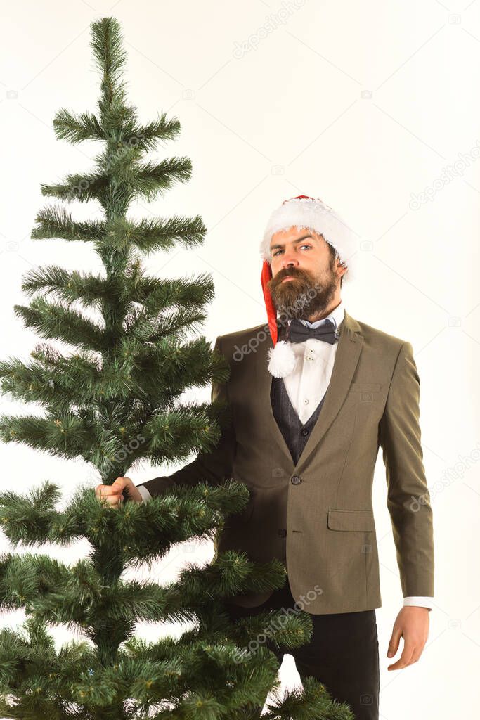 Manager with beard get ready for Christmas. Man in suit