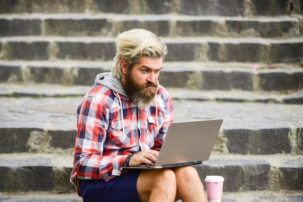 Remote job. When deadline coming. Fresh air. Mobile internet. Agile business. Bearded guy sit stairs background. Work and relax. Working online. Hipster inspired work in urban space. Modern laptop — Stock Photo, Image