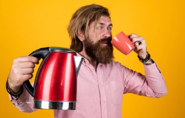 Sakallı ve bıyıklı adam çay yapıyor. Sıcak çay iç. Sakallı adam mağaza asistanı mutfak aletlerini sunar. Oda servisinde kullanışlı. Olgun karizmatik erkek elektrikli su ısıtıcısı kullanır. seçici odak