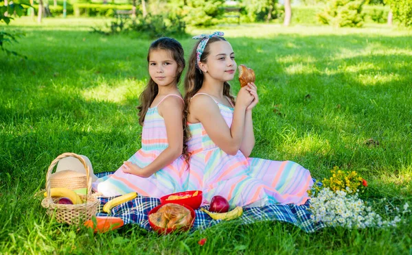 Un picnic familiar. Las niñas comen picnic sobre hierba verde. Vacaciones de verano. Comer afuera. Disfruta del día con sabrosa comida —  Fotos de Stock