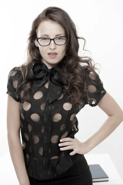 Business school coach. Dress code. Fashion and beauty. Pretty school teacher or student. Sexy businesswoman. Back to school. Girl with red lips in glasses. Inspired to work hard. She got great style — Stock Photo, Image