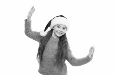 Bütün gece dans et. Geleneklere saygı göster. Kış ruhu. Yeni yıl partisi. Noel Baba çocuğu. Küçük çocuk Noel Baba şapkası. İyi tatiller. Gülümseyen sevimli bebek Noel Baba 'yı bekliyor. Kutlama konsepti