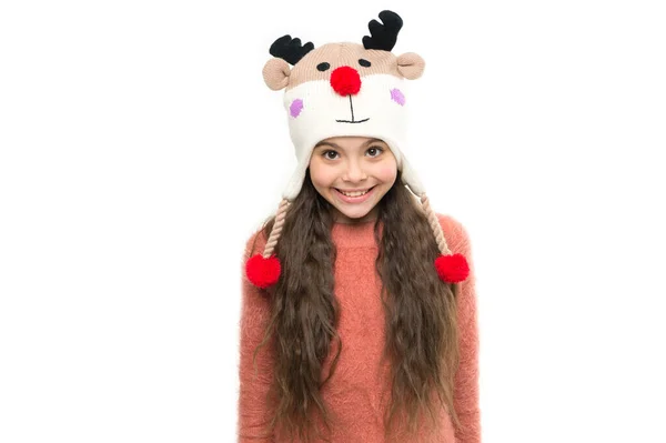 Kid reindeer hat. happy new year holidays. kid fashion store. winter time shopping. favorite knitwear. yarn and knitting. its sweater weather. white christmas. small cheerful girl isolated on white — Stock Photo, Image