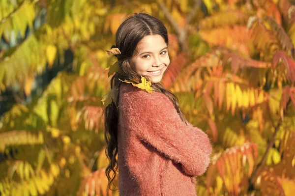 秋の暖かい。秋の公園でスタイリッシュな笑顔の女の子。季節を選ばない暖かい乾燥した天候のインドの夏の期間。秋の自然。屋外で幸せな小さな子供。晴れた週末だ。女の子は公園でリラックス晴れた日 — ストック写真
