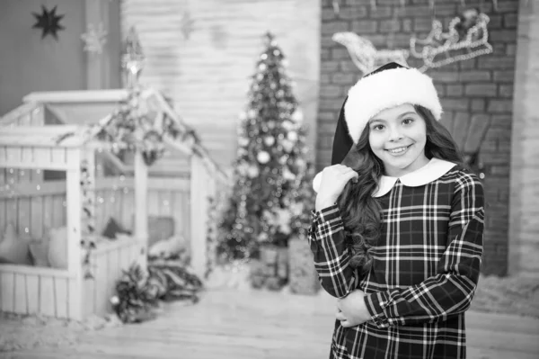 가정용 화단에 있는 어린 소녀. 마술 분위기를 연출 해 봐. 증광 개념입니다. 즐거운 겨울 휴가보내 세요. 편안하고 아늑 한 복장을 하는아이. 크리스마스 트리 장식의 내부 모습 — 스톡 사진