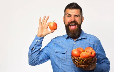 Sakallı adam elma meyveli hasır kaseyi tutuyor.