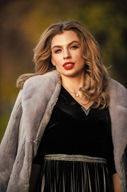 Zarif bir kadın kürk giyiyor. Şık bir bayan sahte kürk giyer. Çok yönlü dokular. moda ve güzellik. Açık havada başarılı bir iş kadını. Sonbahar kadın kıyafeti. Avrupa kışı için giysi