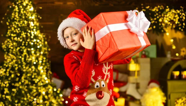 クリスマスツリーの近くに子供の幸せ興奮。メリークリスマス。幸せな子供時代のコンセプト。子供はサンタの帽子とクリスマスセーターを着ています。サンタは贈り物をくれた。12月の伝統。割引販売。本当の幸せ — ストック写真