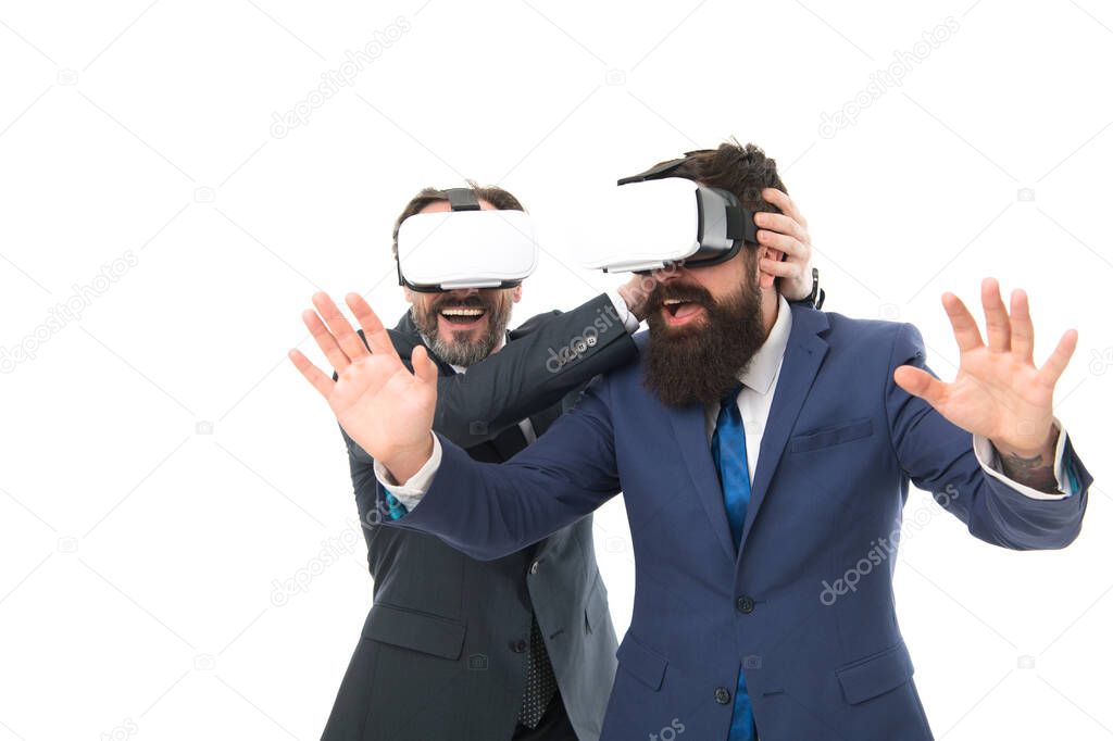 Business innovation. Vr presentation. Men vr glasses modern technology. Virtual business. Online business concept. Men bearded formal suits. Digital and cyber technologies. Experimental experience