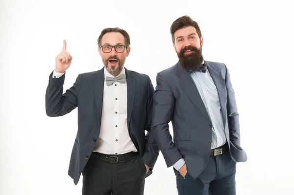 Business team. Business people concept. Men bearded formal suits. Successful partnership. Achieve success. Proud of colleague. Let me introduce business partner. Men entrepreneurs white background — Stock Photo, Image