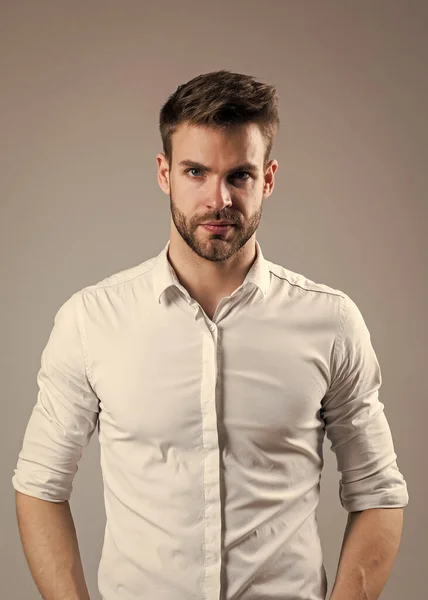 Esthete detail. business classic mens shirts with white print. handsome confident young man standing in shirt. sexy guy looking. portrait of fashionable handsome man in shirt — Stock Photo, Image
