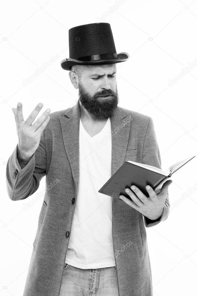 Faced with senseless drama. Eloquence and diction. Bearded man read book. Poetry reading. Book presentation. Literature teacher. Books shop. Guy classic outfit read book. Literary criticism