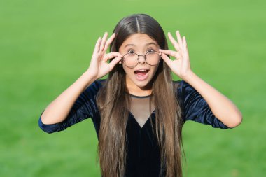 Şaşkın bakışlı, ağzı açık, gözlüklü, yeşil çimlerden kayan sevimli küçük bir çocuk. Açık havada güneşli bir yaz, görme yeteneği.