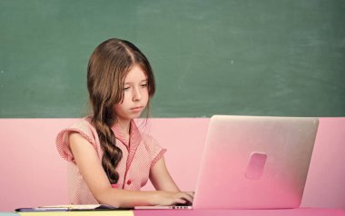 Modern okul. Web günlüğü için 4G internet. Online eğitim. Proje üzerinde çalışıyorum. İnternette çocukluk çalışması. Bilgi günü. Bilgisayarı olan küçük bir kız öğrenci. Sınıftaki zeki kız. Okula geri dön.