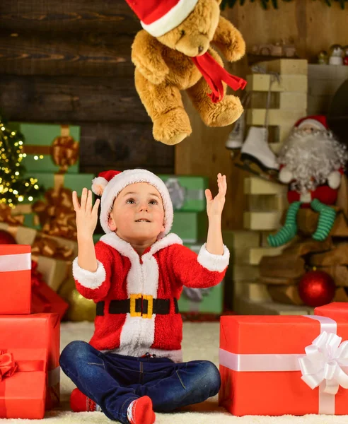 Merry christmas everyone. Xmas present. Happy child celebrate new year. Little boy play near christmas tree. Christmas eve. Cute baby. Cherished dreams. Happy childhood. Winter holidays. Kid fun home — Stock Photo, Image