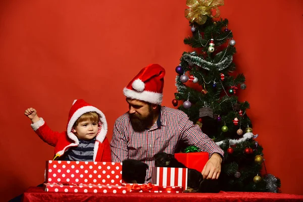 Man en jongen in Santa hoed spelen met puppies — Stockfoto