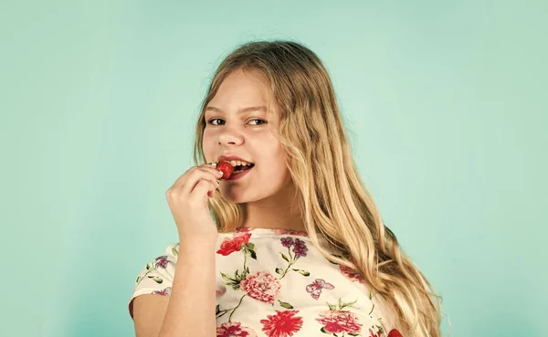 Zomerbessen. Een kind dat aardbeien eet. Gelukkig kind. Dieet en voeding. Hongerig kind. Gezond eten. Meisje dat verse natuurlijke aardbeien eet. Gezondheidszorg. Gezond ontbijt. Vitamine concept. Gezond eten — Stockfoto