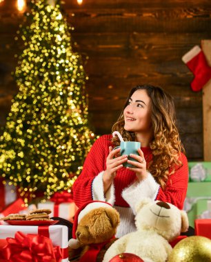 Noel 'i seviyor. Rahat hissediyorum. Şeker kamışına bayılırım. En iyi Noel tarifleri. Mutlu kız xmas kurabiyeleriyle süt içer. Hediyelerde kadın kazağı. Kış bayramı hediyesi ve dekorasyon. yeni yıl kompozisyonu