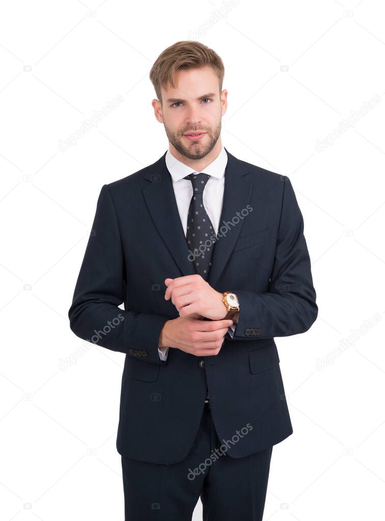 Giving man sense of style. Stylish lawyer isolated on white. Project manager in formal style. Business dress code. Formalwear. Professional wear. Fashion wardrobe