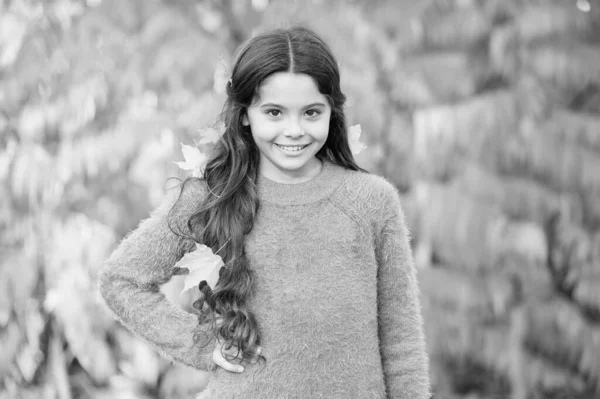 Kid enjoy autumn outdoors. Meet autumn. Little girl smiling happy cute child gorgeous long hair maple leaves. Cozy autumn day. Play with leaves. Happy childhood. Fall festival. Simple happiness — Stock Photo, Image