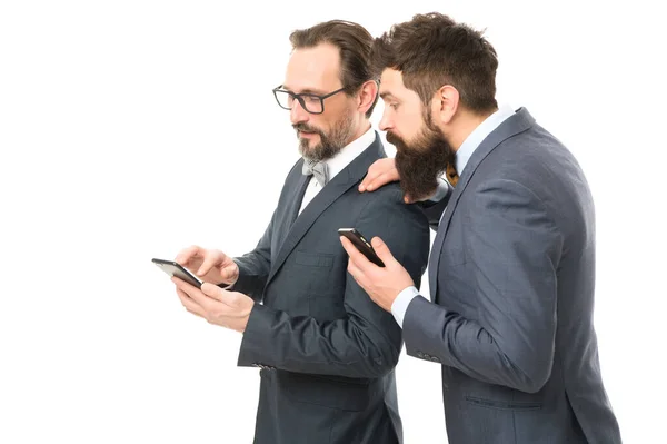 Satisfied with their work. partnership of men speaking on phone. mature men. Agile business. collaboration and teamwork. business communication on meeting. team success. businessmen in formal suit — Stock Photo, Image