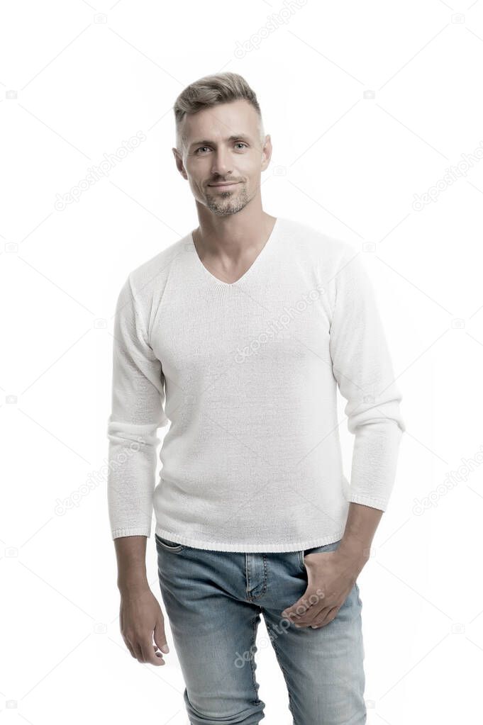 Menswear and fashionable clothing. Man calm face posing confidently white background. Man looks handsome in casual shirt. Guy with bristle wear casual outfit. Fashion concept. Man model clothes shop
