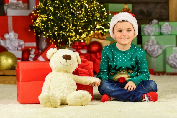 Christmas eve. Cute baby. Cherished dreams. Happy childhood. Little boy play near christmas tree. Winter holidays. Kid fun home. Merry christmas everyone. Xmas present. Happy child celebrate new year — Stock Photo, Image