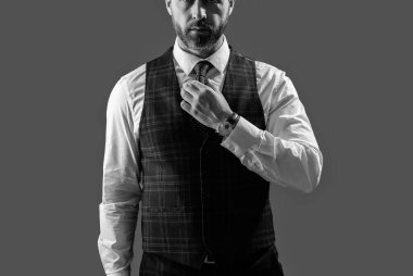 Gri kravatlı resmi takım elbise. Erkek giyim kuşamı. Bespoke takımı. Resmi erkek giyim konsepti. Formalite icabı iş adamı. Kesik manzaralı. Zarif terzilik yeleği giymiş bir iş adamı. Modern Takım.