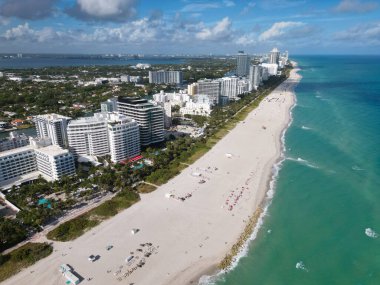 Miami Beach skyline aerial view. Miami city from drone. Tropical Miami scene. Miami district sky view. Famous oceanfront. Aerial Miamis coastline