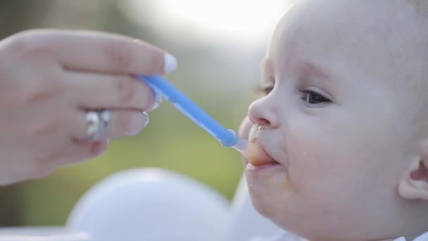 Fiatal boldog anya táplálja fiát Baby zabkása — Stock videók